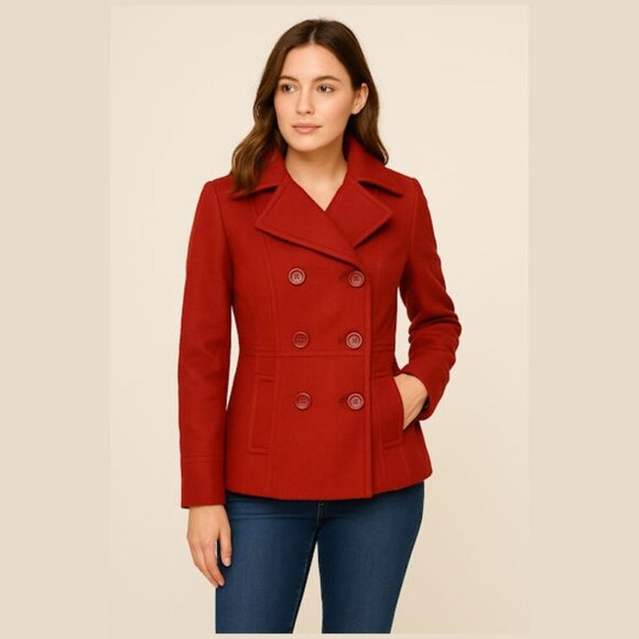 Nine West Red Wool Double Breasted Peacoat 2 - Picture 1 of 4